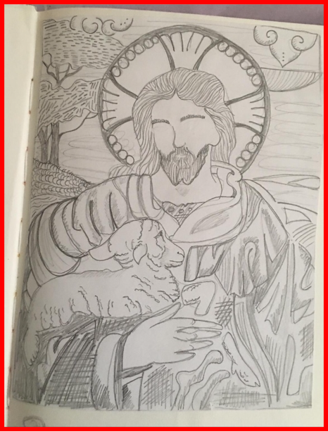 Observational drawing of Jesus holding a lamb using different mediums by Maître Orchidée Wafo.The peculiar element of Orchidée’s art work is that the faces always remain unfinished. When asked as to the reason why, she replied: “It defies the principle of a supernatural entity’s identity to remain ambiguous to the human eye. It can only subsequently be fully revealed to a person after death.” Maître Orchidée Wafo. The Bridge MAG. Image 